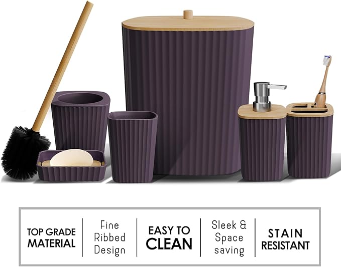 Clara Clark Bathroom Set - Purple Bathroom Accessories Set, 6PC Bathroom Accessory Set, Bathroom Sets with Bathroom Rugs, Toilet Brush, Trash Can & Soap Dispenser