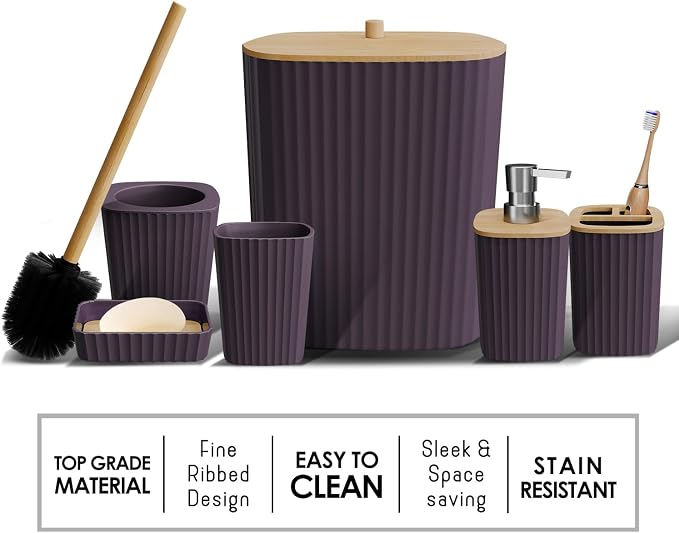 Clara Clark Bathroom Set - Purple Bathroom Accessories Set, 6PC Bathroom Accessory Set, Bathroom Sets with Toilet Brush, Trash Can & Soap Dispenser