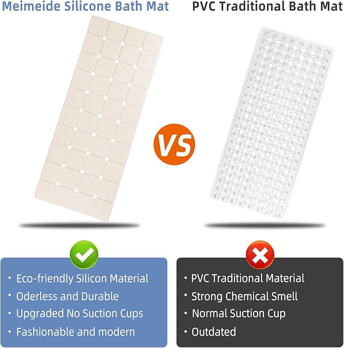 Bathtub Mat Non-Slip Silicone Soft Odorless Large Bath Mat No Suction Cups for Refinished,Reglazed and Textured Shower Mats Non Slip Extra Long Tub Mat (16x40inch Beige)