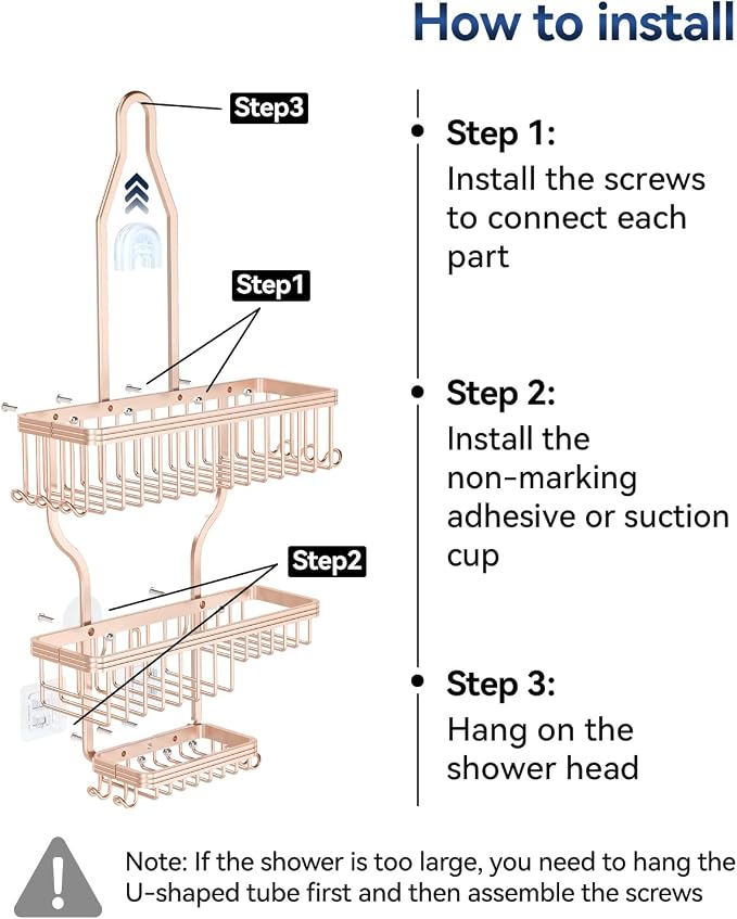 YASONIC Never Rust Shower Caddy Hanging, Aluminum Shower Racks for Inside Shower, 3-Tier Shower Organizer Hanging Over Shower Head with Hooks and Soap Holder, Rose Gold