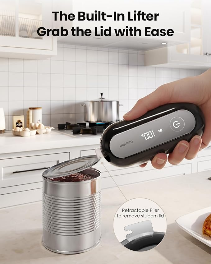 Canslab RETRO Electric Can Opener, Auto-Stop One-Touch Operation, USB Rechargeable with LED Battery Track, Side Cut Smooth Edge Can Opener for Seniors with Arthritis, Wall-Mountable Small Size, Black