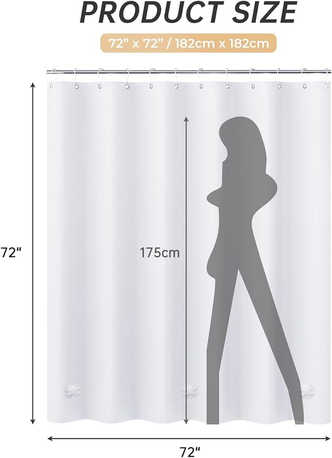 AmazerBath White Shower Curtain Plastic 72x72 Inches, Thick PEVA Shower Curtain Waterproof, Heavy Duty Shower Curtains for Bathroom with 3 Big Clear Weighted Stones and 12 Rustproof Grommets
