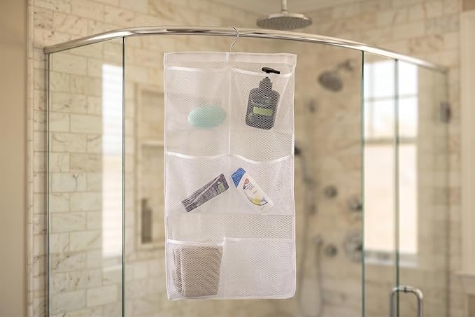 ALYER 6 Storage Pockets Hanging Mesh Shower Caddy,Space Saving Bathroom Accessories and Quick Dry Bath Organizer with Hanger,White