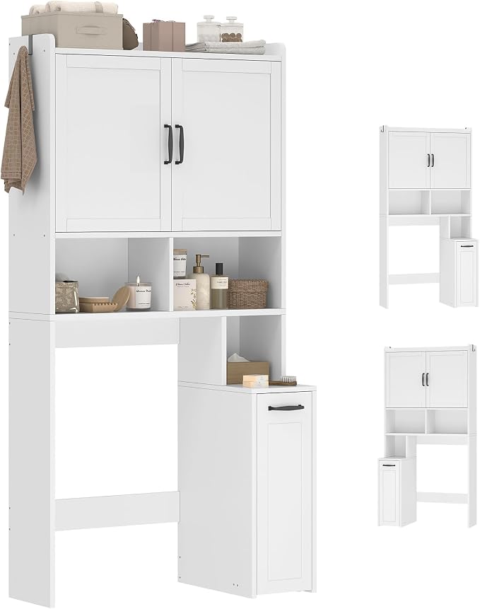 UPOSOJA Over The Toilet Storage Cabinet with Pulley Small Bathroom Storage Cabinet, Space Saver W/Adjustable Shelf & Open Shelf for Bathroom, Restroom, Laundry (White)