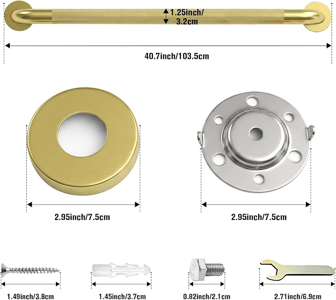 40 Inch Gold Grab Bars for Shower,1.25'' Diameter Heavy Duty Stainless Steel Anti-Slip Bathroom Safety Handicap Grab Bar for Shower, Bathtub & Toilet, Wall Mounted, Supports 500lbs