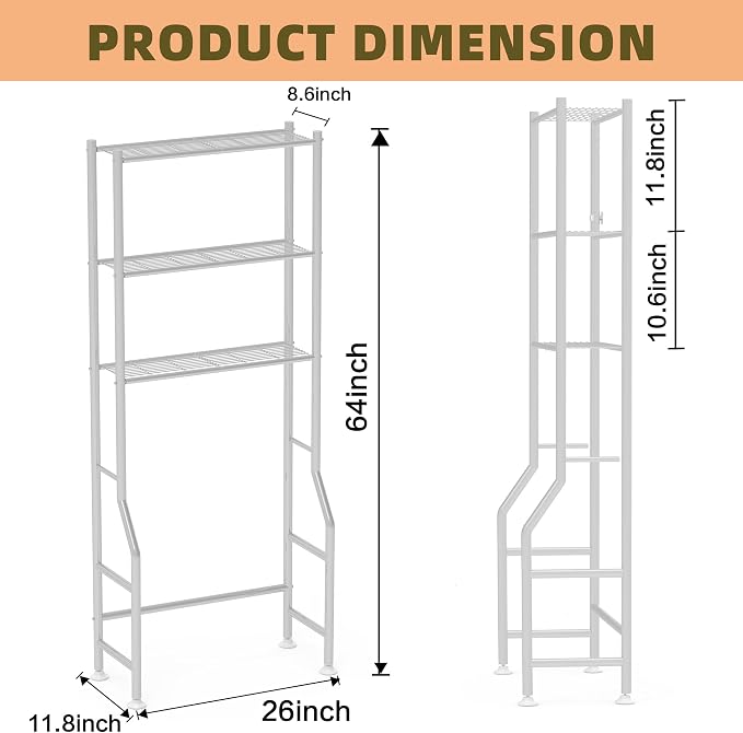 Livilord 3-Tier Over The Toilet Storage Rack, Space Saver Metal Bathroom Shelves, Freestanding Over Toilet Bathroom Organizer for Bathroom/Living Room (White)