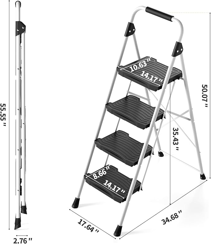 KINGRACK 4 Step Folding Ladder, 900 lbs Load Capacity, Non-Skid Large Pedals, Handrail, Safety Lock, Sturdy Step Stool for Home, Office, Garden, Multi-Purpose, White