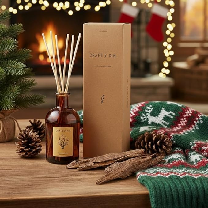 Craft & Kin Oud Wood Reed Diffuser – 5.75 oz Essential Oil Diffuser for Home & Bathroom – Up to 120-Day Fragrance with 8 Rattan Scent Sticks – Amber Glass Room Decor