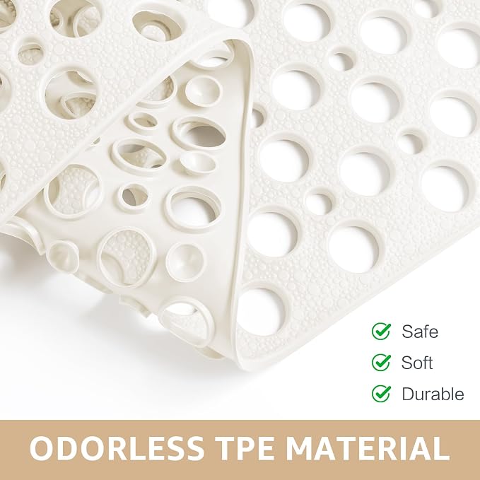 Yolife Large Shower Mat, 35 x 24 inch Non Slip Shower Mats for Inside Shower with Drain Holes and Suction Cups for Bathroom, No Odor TPE Shower Floor Mat, White