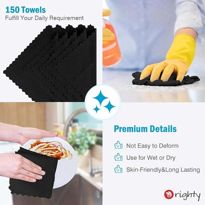 Orighty Microfiber Cleaning Cloth Bulk, 150 Pack Shop Towels, Reusable Cleaning Rags, Lint Free Microfiber Towels for Cars, Home & Kitchen, 12x12 Inch, Black