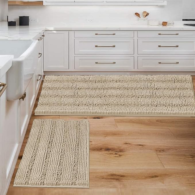 H.VERSAILTEX Bathroom Rug Sets 2 Piece Bath Mats Non Slip Thick Soft Chenille Striped Bath Rug achine Washable Shower Floor Rugs for Tub, Shower and Floor (Fog, 47" x 17"/17" x 24")
