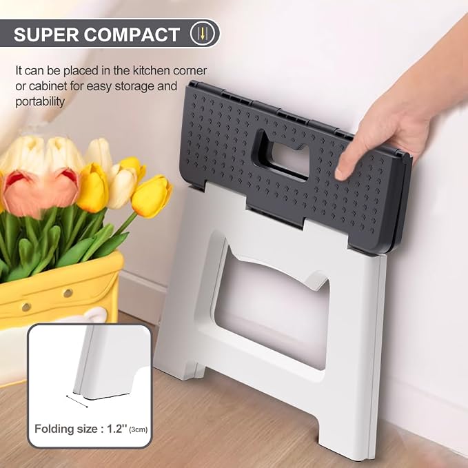 9'' Folding Step Stools for Kids and Adults, Hold Up to 300 lbs, Portable Foldable Step Stool for Toddlers, Plastic Small Collapsible Stepping Stools with Handle for Kitchen Bathroom (Gray)