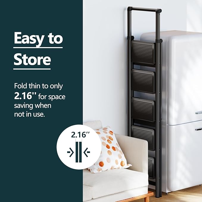 WOA WOA Step Ladder for Home, Foldable Step Stool for Kitchen with Non-Slip Pedals, Sturdy Ladders Supports up to 330 lbs, Compact and Portable - 5 Step with Handle/Black