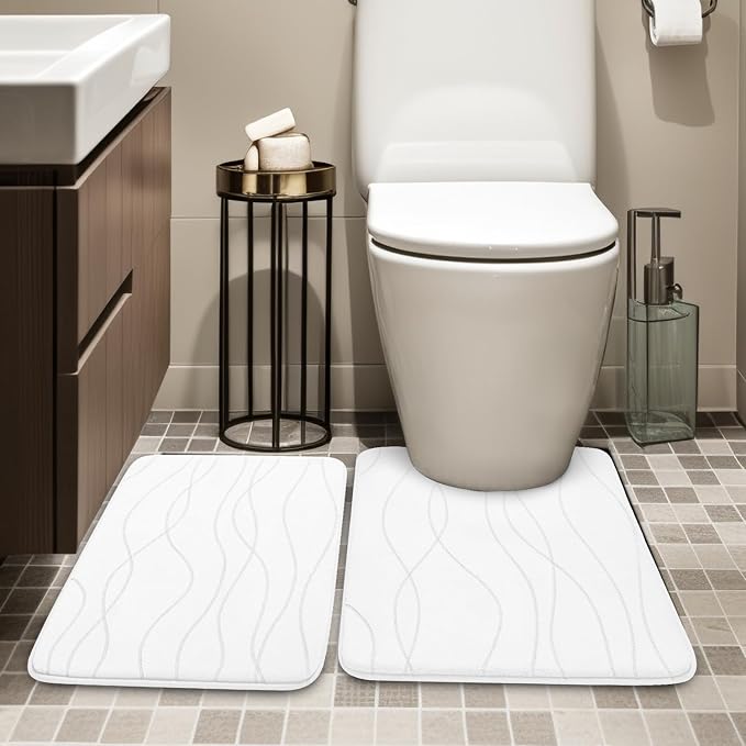 YIHOUSE Memory Foam Bathroom Rug Sets, White, 2 Piece-U Shape & Small Mat | Ultra Soft, Absorbent, Non-Slip, Machine Washable