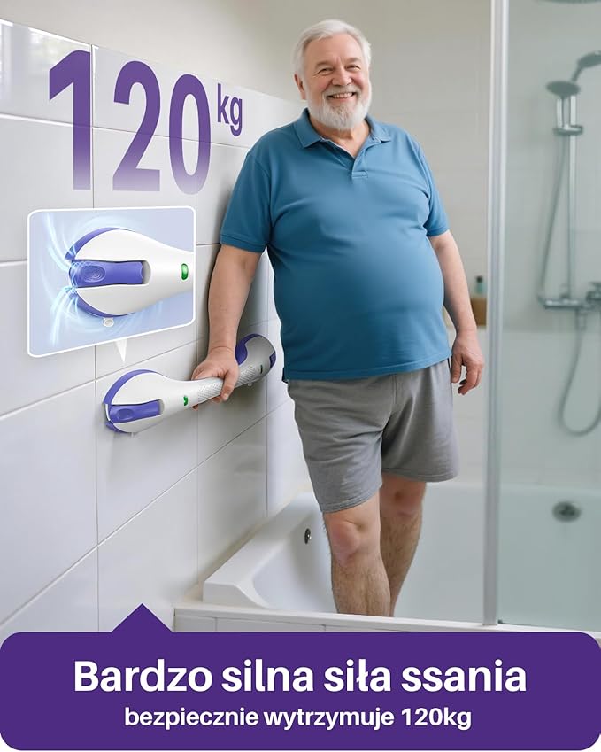 KEKOY 17.5 Inch Suction Grab Bars for Bathtubs & Showers with Indicator 2 Pack- Heavy Duty Safety Shower Handle for Seniors and Elderly, Handicap Bars for Bathroom, No Drilling, Purple