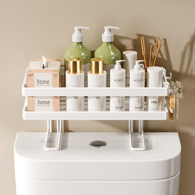 ShellKingdom Over The Toilet Storage Shelf, Toilet Paper Holder Stand Shelves, Punch-Free Bathroom Storage Rack with 2 Hooks, Small Space Organizers for Bathroom, Home, Countertop, White
