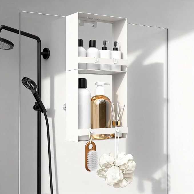 Over the Glass Shower Caddy Hanging, 2 Tier Stainless Steel Rustproof Shower Organizer Over the Door with Hooks, Bathroom Organizers and Storage Rack, Bathroom Decor Shelves - White