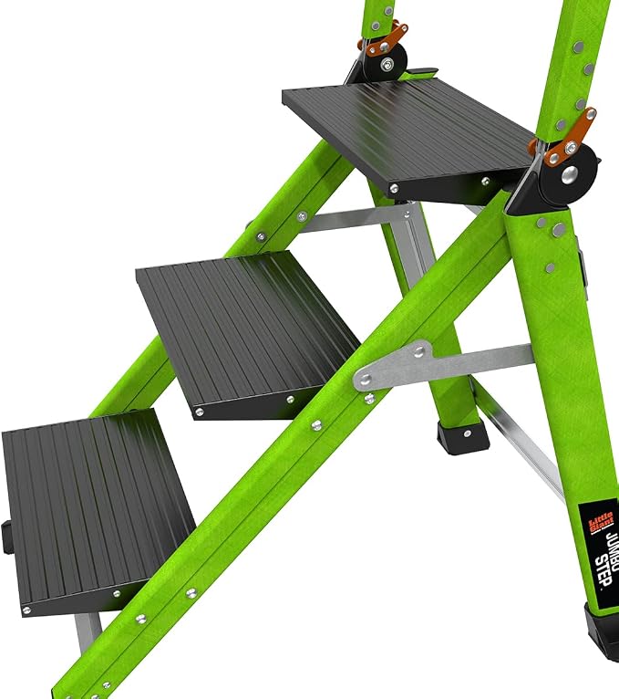Little Giant Jumbo Step 3-Step Foldable 3-Ft Fiberglass Stool, Non-Conductive, Hi-Viz Green Rails, Extra-Wide Stair-Like Treads, Rotating Handrail, 375 lb. Type IAA, 11933