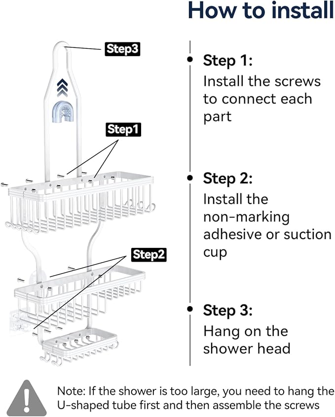 YASONIC Never Rust Shower Caddy Hanging, Aluminum Shower Racks for Inside Shower, 3-Tier Shower Organizer Hanging Over Shower Head with Hooks and Soap Holder, White