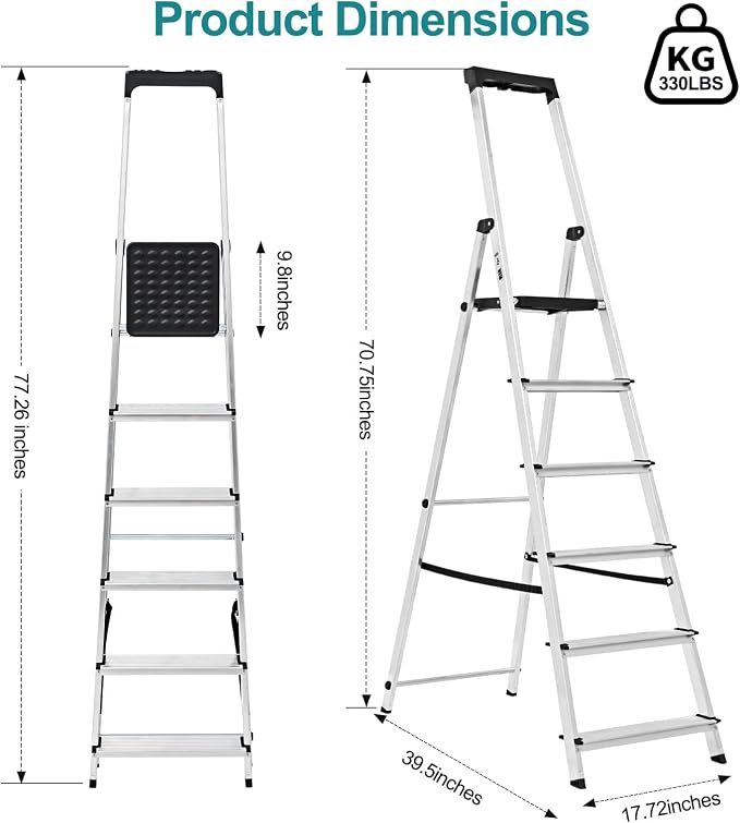 OLIXIS 6 Step Ladder, 330lbs Folding Step Stool with Anti-Slip Wide Pedal Handrails, Aluminum Stool Ladders, Safety Household Ladder for Home Kitchen Courtyard Outdoor