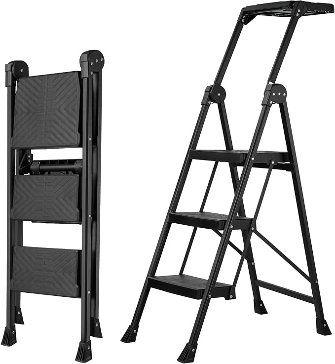 XinSunho 3 Step Ladder, Foldable Handrail & Tool Tray Stool Ladders with Anti-Slip Wide Pedal, 660 lbs Sturdy Steel Ladder for Home Kitchen and Outdoor