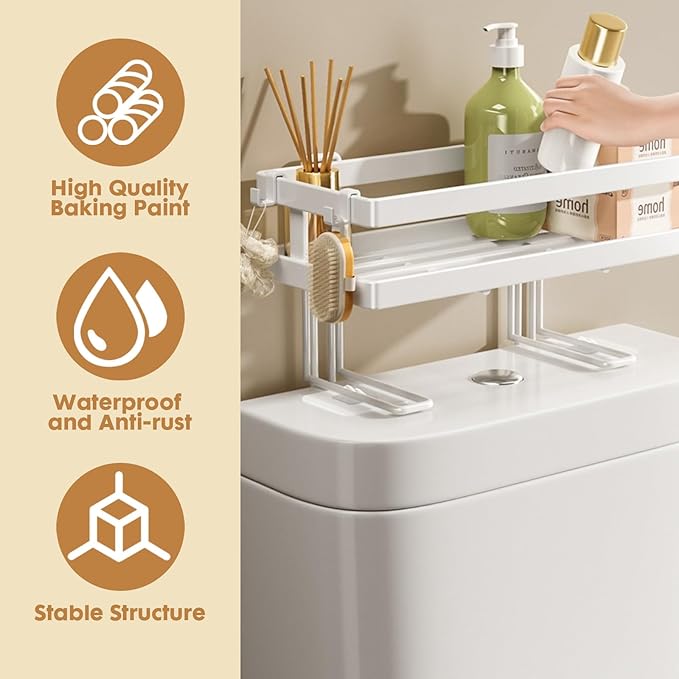 PowerKing Over The Toilet Storage Shelf, Bathroom Organizer Rack with 2 Hooks, No-Drill, Rust-Resistant Steel, Toilet Paper Holder for Restroom Bathroom, White
