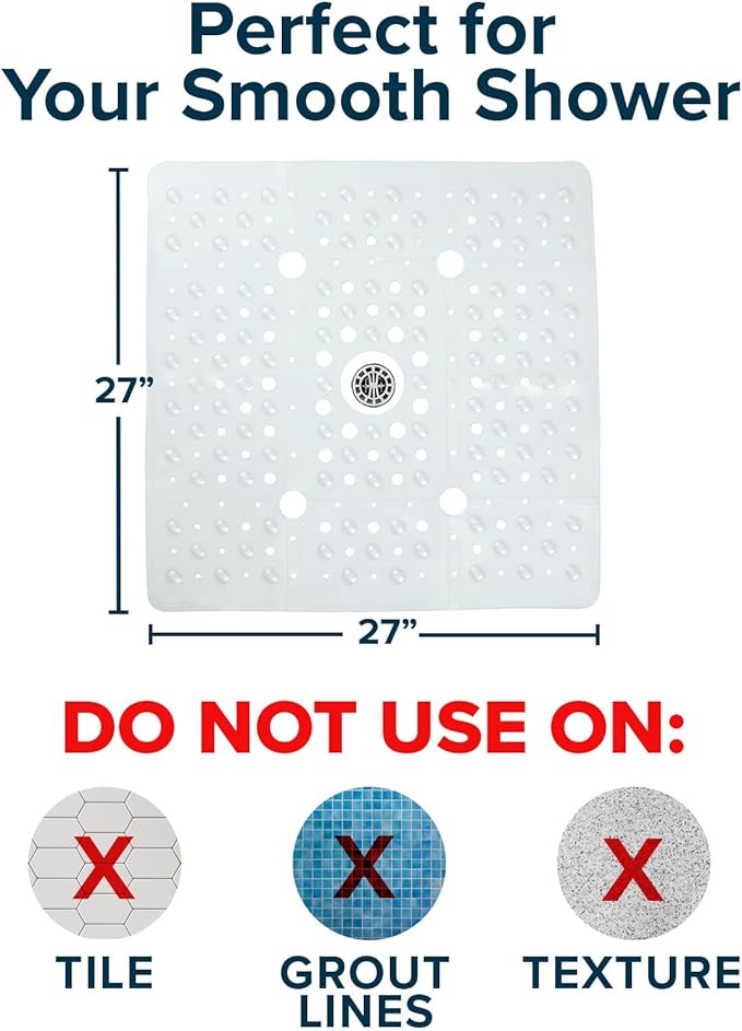 SlipX Solutions 27" Oversize Square Shower Mat, Non-Slip Mat for Elderly & Kids, 100+ Power Grip Suction Cups for Smooth Surfaces, Machine Washable, Clear