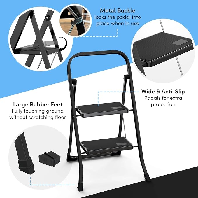 2-Step Ladder with Wide Anti-Slip Platform & Thick Rubber Feet | Heavy Duty Foldable & Portable | 330 lbs Capacity, Steel Frame, Rubber Handgrip, Folding Step Stool