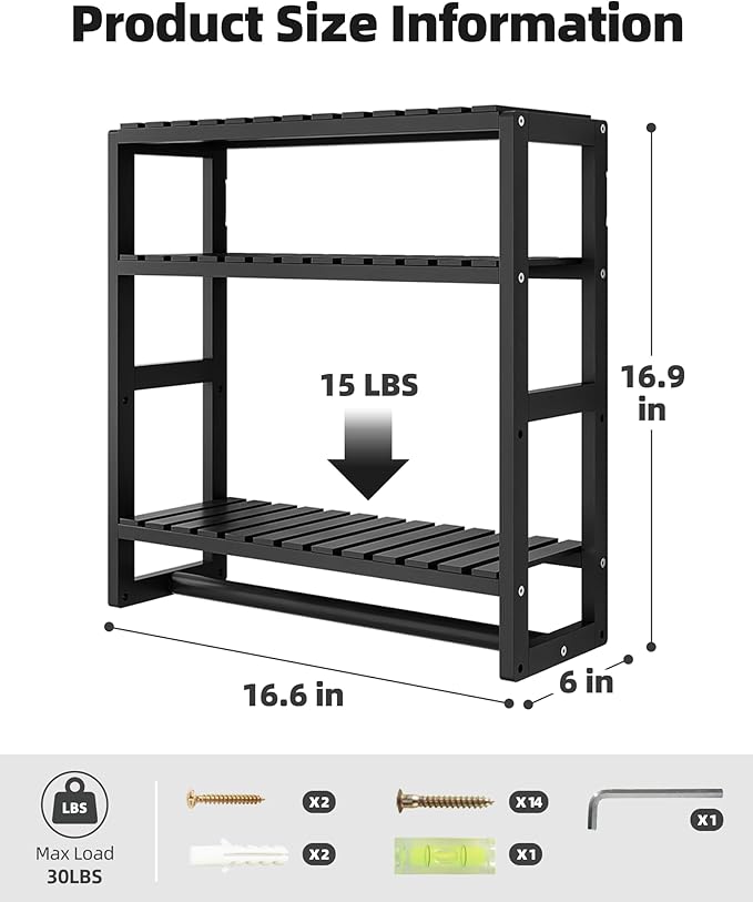 Galood Over The Toilet Storage Bathroom Shelves Wall Mounted 3 Tier Space Saver Corner Shelf Organizer Bamboo Towel Rack Toilet Paper Cabinet with Hanging Rod Black