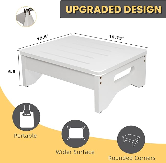 Wooden Step Stool for Adults & Kids, Non-Slip Rubber Feet, 6.5 INCH High, Lightweight Small Step, 450 LBS Capacity, Bed Step Stool for High Bed, Bathroom & Kitchen (White)