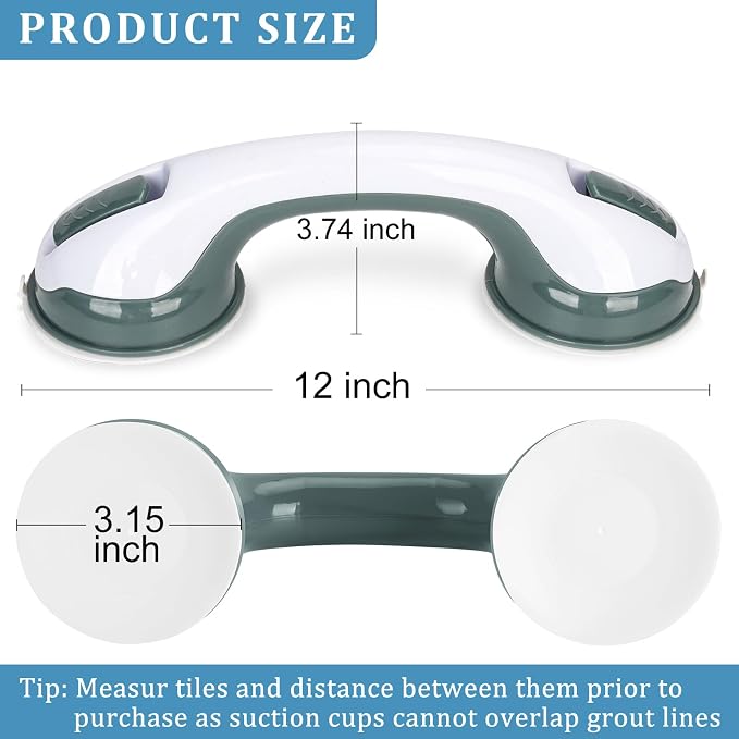 2-Pack Shower Handle Safety Grab Bars with Suction Cups for Bathtubs and Showers - Bathroom Rails Aid for Seniors, Elderly, Handicap - Wall & Bath Tub Toilet Support 12Inch