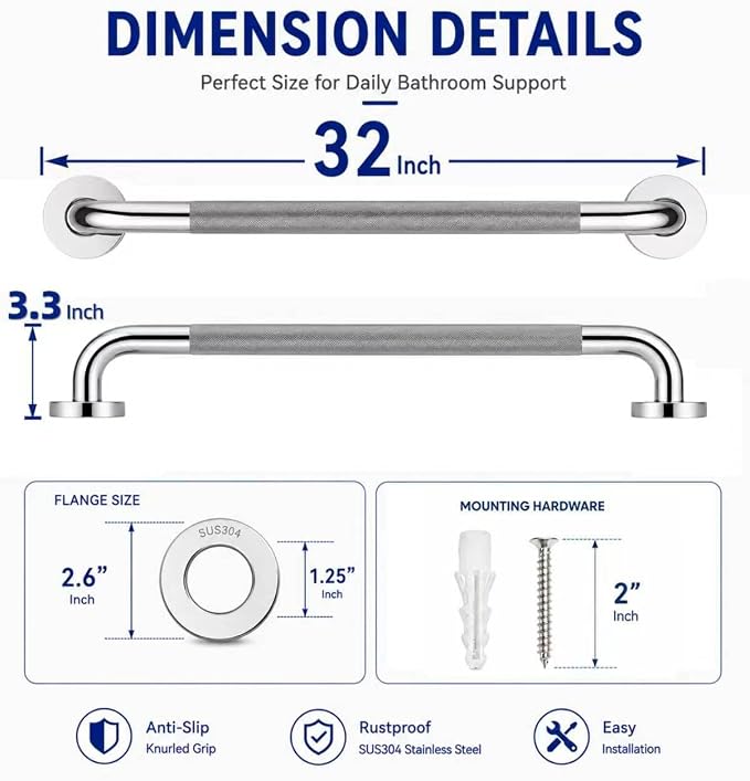 32 Inch Shower Grab Bar, Chrome Anti-Slip Bathroom Grab Bar with Knurled Grip, Stainless Steel Safety Handrail for Toilet Bathtub, Shower Handle Handicap Bars for Senior, Elderly, Pregnant