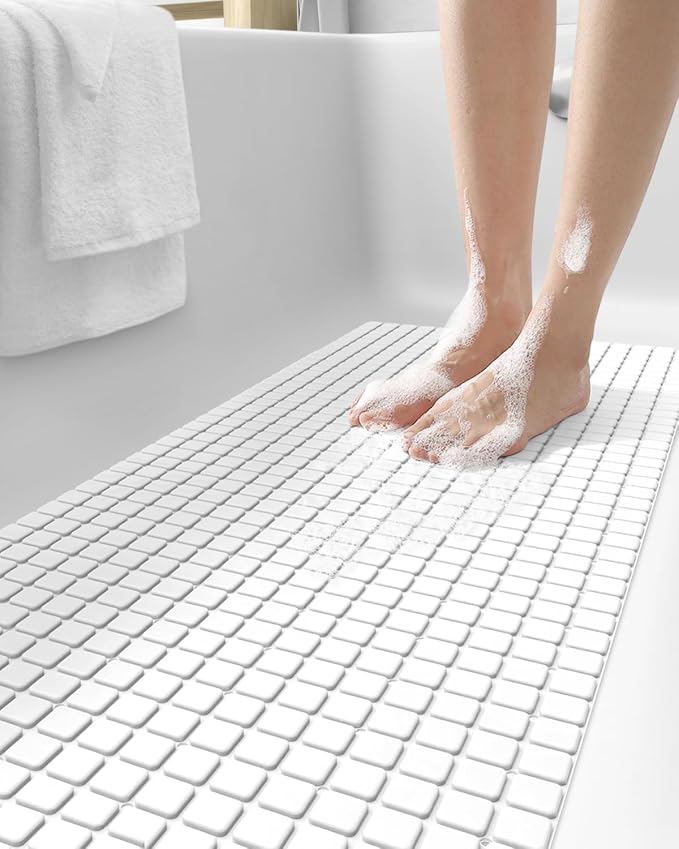 DEXI Bathtub Mat Non Slip, Extra Long 39x16, Suction Cups, Drain Holes, Machine Washable for Tub Shower Floor, White
