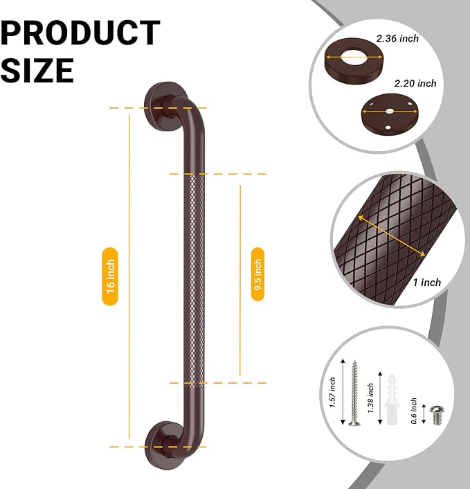 Anti Slip Grab Bars for Shower Oil Brown, Safety Textured Grip Shower Grab Bars for Seniors, Holds up to 500LBs, Knurled Handicap Grab Bars for Wall with Concealed Screws, 16 Inch