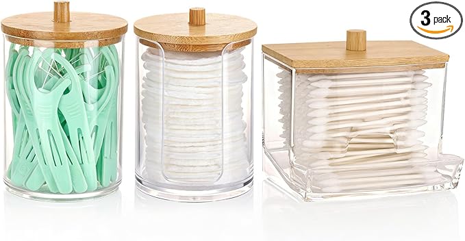 Tbestmax Bathroom Organizer Accessories Set-10 OZ Qtips Holder Storage with Bamboo Lids, Cotton Ball/Swabs Dispenser, Apothecary Container Jar 3 Pcs