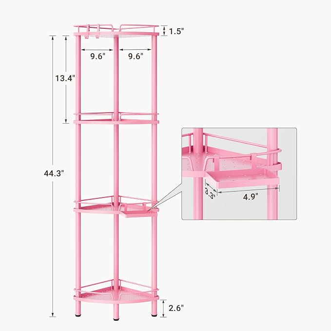 ELYKEN Corner Shower Caddy Standing, 4 Tier Rustproof Metal Shower Organizer with Soap Holder, Floor Shower Corner Shelf Rack Storage Stands with Adjustable Feet & 2 Hooks for Bathroom, Pink