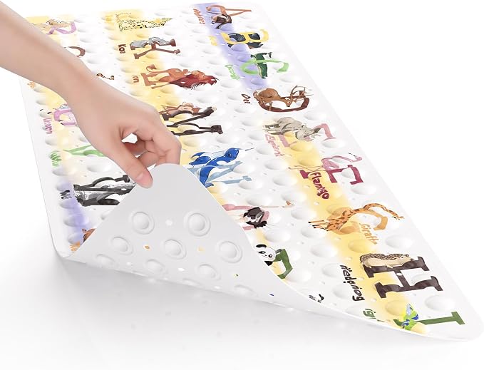 AmazerBath Baby Bath Mat Non Slip, Cartoon Kids Bath Mat for Tub 40 x 16 Inches Full Size Shower Stall Mats - Alphabets & Animals