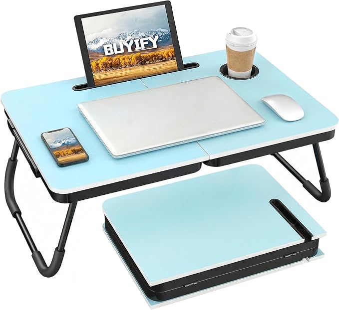 BUYIFY Foldable Laptop Bed Desk for Couch, Sofa - Large Lap Desk Tray Table with Cup Holder and Tablet Slot - Portable Notebook Stand for Eating, Writing, Studying and WFH (Blue)-USA Original Patent
