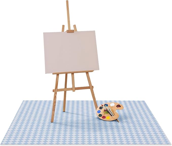 Drydiet 55x55 Inch Extra Large Craft & Painting Floor Mat - Waterproof Non-Slip PVC Art Rug, Floor Protector for Easel Painting Pottery Messy Projects, Washable Roll-up Spill Mat(Light Blue, Argyle)