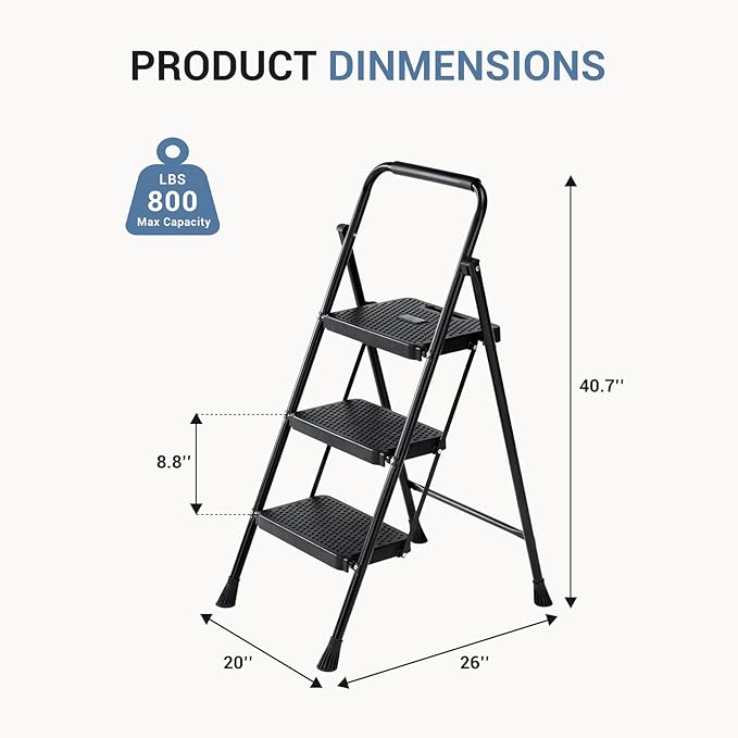 DUMOS 3 Step Ladder, Sturdy Step Stool with Anti-Slip Pedal & Comfortable Handrail, Portable Heavy Duty Step Stool for Kitchen, Garage & Outdoor Use, 800lbs, Black