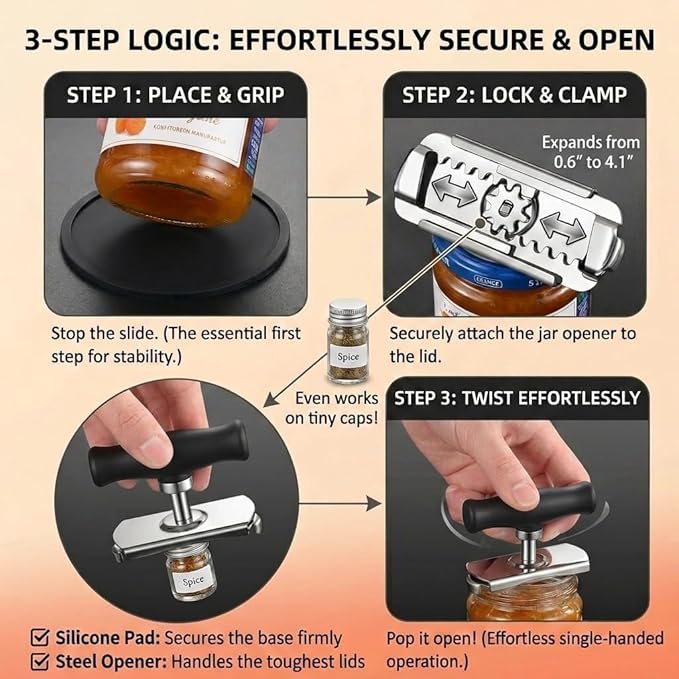 Adjustable Jar Opener for Weak Hands and Seniors, Multi-Functional Lid Opener Set with Non-Slip Silicone Pad, Easy Grip Bottle Opener for Arthritis, Stuck Jars & Bottles (Black, 2Pcs Set)