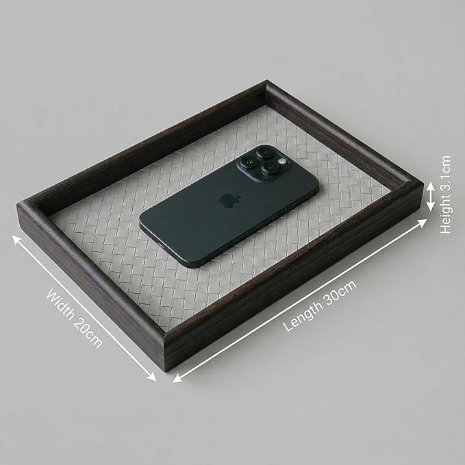Wooden Valet Tray with Leather Base - Nightstand Catchall Organizer for Cologne, Perfume, Keys, Wallet, Phone, Watch, Jewelry & Sunglasses (Llight Gray)