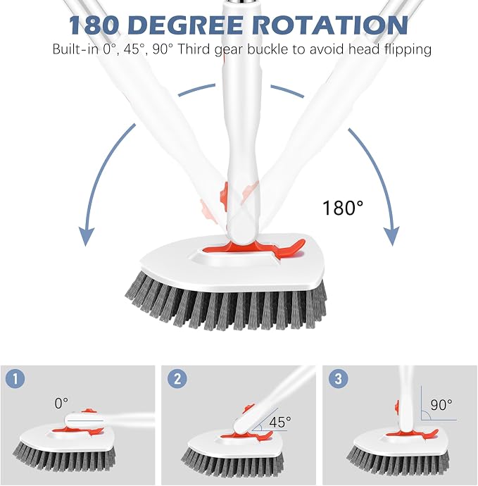 SetSail 4-in-1 Tile Tub Floor Scrubber with 52-inch Adjustable Long Handle Shower Cleaner Brush Comes with Floor Scrub Brush and 3 Replacement Brush Heads for Cleaning Bathroom Tub Tile, Orange