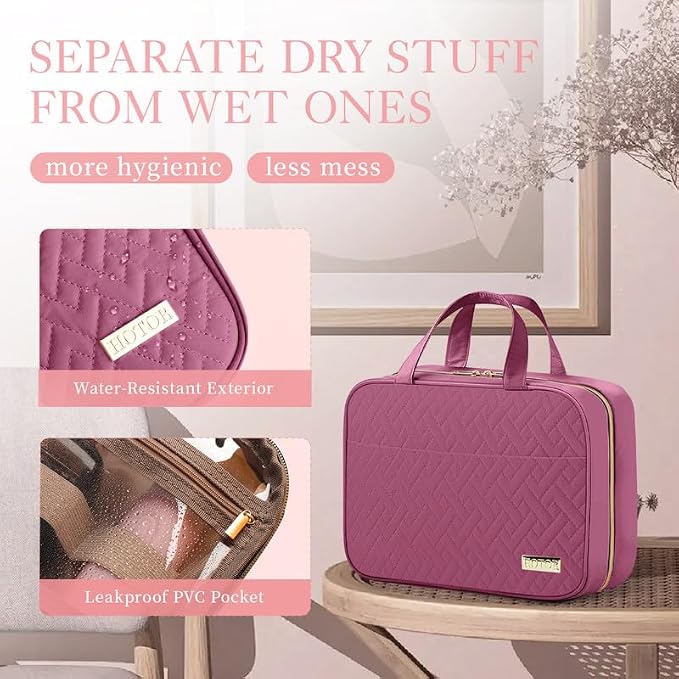 HOTOR Travel Toiletry Bag - Hanging Toiletry Bag for Women & Men, Makeup Bag/Big Comparment, Waterproof for Travel Accessories, Travel Essentials, Medium, Rosewood-Pink
