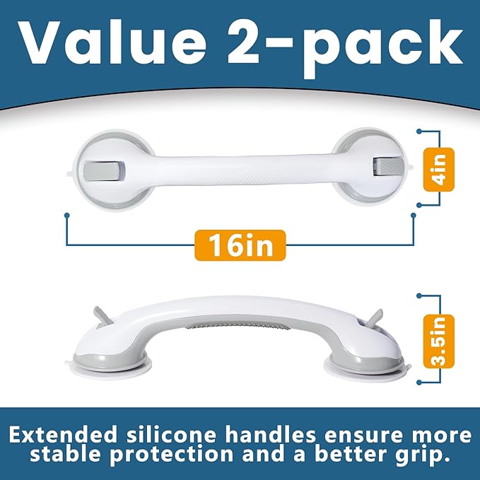 Shower Grab Bars, 2 Pack 16.2 inch Suction Cup Grab Bar for Bathtubs Showers for Wall, Shower Handrails for Seniors, Heavy Suction Cup Grabs Bar,Duty Showers Handle Removable, Bathroom Safety Grip