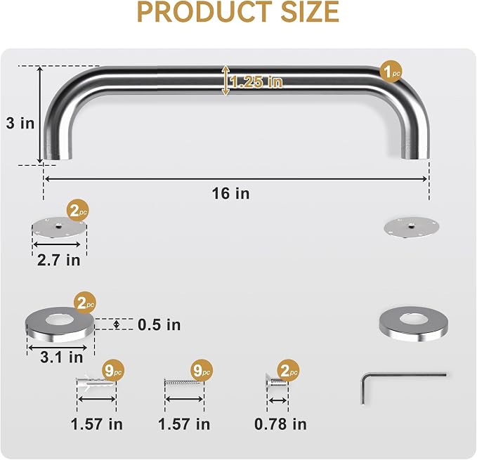 AmazerBath Shower Grab Bars for Seniors Anti Slip, Bath Safety Grab Bar for Needy, Stainless Steel Bathroom Safety Grab Bars, Thickened Bar Bigger Base Holds 500LBS, 16" L x 1.25" D, Brushed Nickel