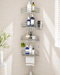 SEIRIONE Corner Shower Caddy Tension Pole, Quick Setup, Rust-Free Bathroom Shower Organizer Corner for Bathtub Shampoo Storage, 4-Tier Adjustable Shelf, Drill Free, Fits 34 to 116 Inch Height, Silver