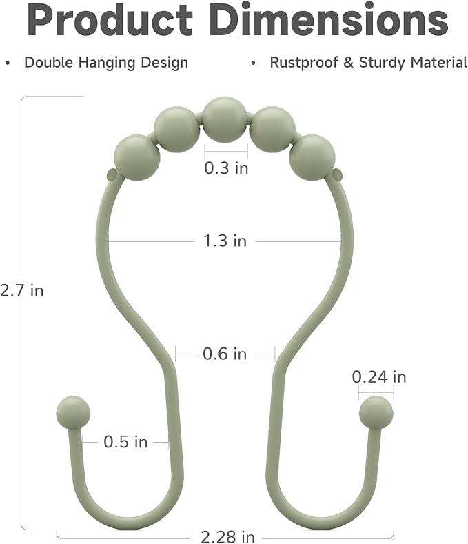 Bathway Sage Green Shower Curtain Hooks Shower Curtain Rings Rust Proof Sturdy Metal Double Shower Curtain Hooks, Shower Hooks for Shower Curtain Bathroom Shower Rod Hooks Hangers