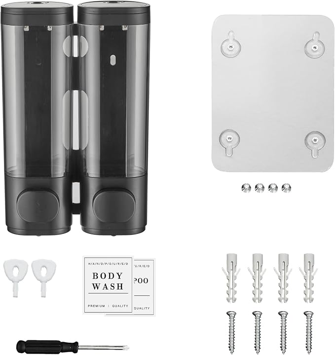 Shampoo and Conditioner Dispenser,Shower Dispenser 2 Chamber No Drill Wall-Mounted Shampoo Dispenser for Shower Wall Mounted Shower Dispenser for Bathroom Hotel,Matte Black1