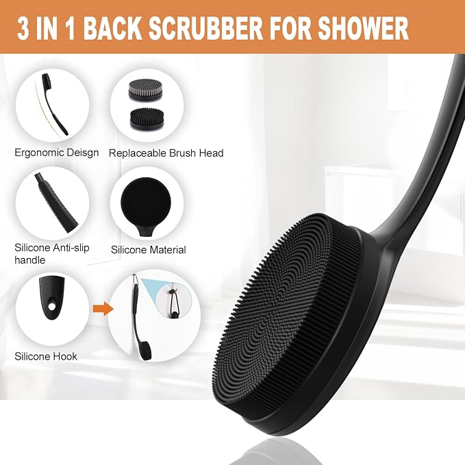 Long Handle Shower Back Scrubber,15.75 Inch Ergonomic Curved Brush with 3 Replaceable Heads with Soft and Firm Bristles,Silicone Handle for Easy Back Cleaning and Exfoliation,Bath Body Brush(Black)